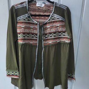 Arianna by Howards Green Smock Tapestry Tassel Tie Open Front Top NWT Sz S/M